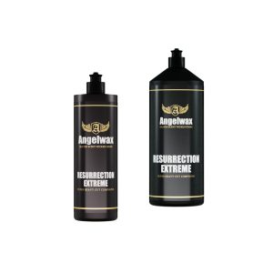 Two plastic black bottles of varying sizes containing Resurrection Extreme Super Heavy Cut Compound by Angelwax.