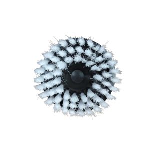 Circular drill brush with white bristles and black base. It faces the camera.