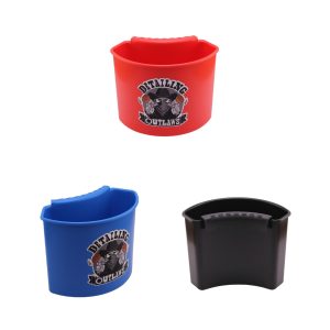 Three plastic bucket attachments sitting at different angles in three different colours.