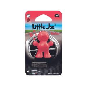 Packaged doll-shaped plastic air freshener for car vent in light red colour and Amber scent.