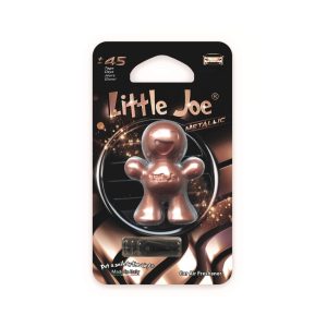 Packaged doll-shaped plastic air freshener for car vent in metallic brown colour.