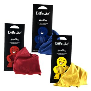 3 Little Joe microfiber cloths, one in red, another in blue and one in yellow colour.