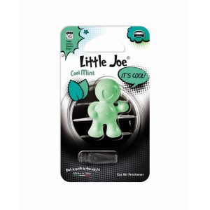 Packaged doll-shaped plastic air freshener for car vent in mint colour and Cool Mint scent.