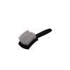 Black plastic brush with white nylon bristles lying on its back with bristles up