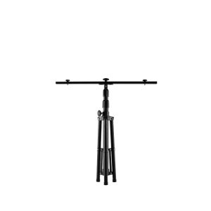 Flat horizontal metal rod on top of tripod with adjustable height.