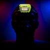 Unilite headlight torch in highlighter yellow on mostly black strap, sitting on a mannequin's head.