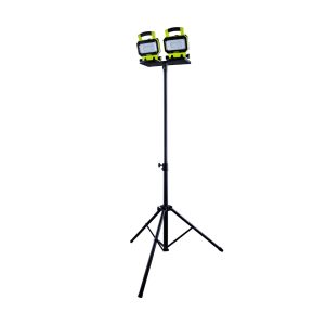 Two work lights on black tripod with stand.