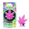 Leaf-shaped plastic air freshener for car in pink colour and fresh jungle hemp scent.