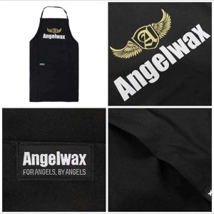 Four images showing a black detailing apron as well as close ups of the material and design details as well as the Angelwax logo.