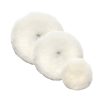 Three white fluffy lambswool pads in varying sizes.