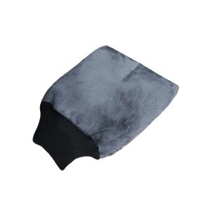 Soft plush grey washmitt with elasticated black wrist band.