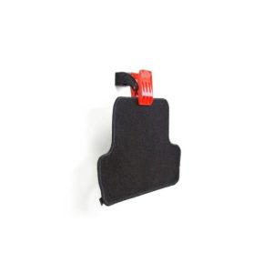 Red plastic clamp on a black bracket. Hanging from the clamp is a dark grey fabric car mat