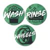 Three round stickers with green background and the titles Wash, Rinse and Wheels.