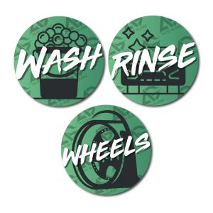 Three round stickers with green background and the titles Wash, Rinse and Wheels.