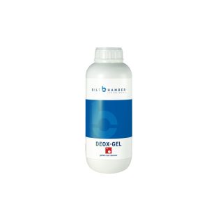 White plastic bottle with a white and blue label containing Deox-Gel by Bilt Hamber.