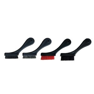 Four detailing brushes with black handle and practically in the same size, lined up next to each other.