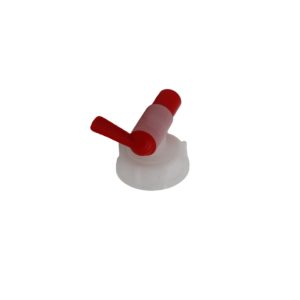 Dispensing tap in white colour with red lever