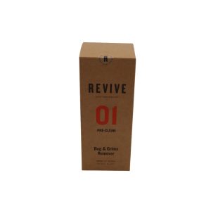 Closed brown upright rectangular carton box titled 'Revive 01 Pre-Clean Bug & Grime Remover'