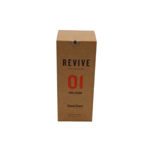 Closed brown upright rectangular carton box titled 'Revive 01 Pre-Clean Snow Foam'