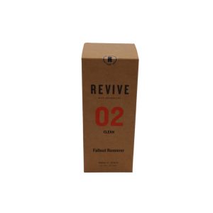 Closed brown upright rectangular carton box titled 'Revive 02 Clean Fallout Remover'