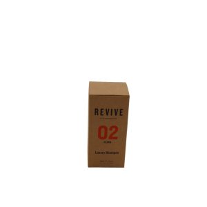 Closed brown upright rectangular carton box titled 'Revive 02 Clean Luxury Shampoo'