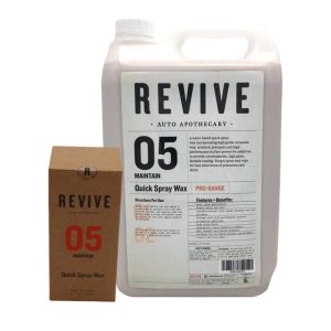 Upright brown carton box and bigger white 5 litre jerrycan both with wording 'Revive 05 Maintain Quick Spray Wax'