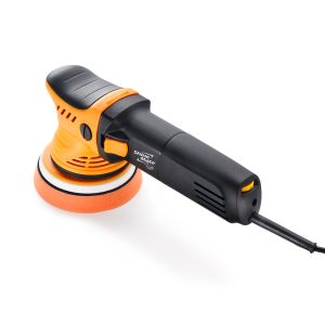 Dual action corded polisher in black and orange colours with orange foam pad.