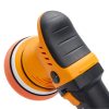 Close up of the front part of a dual action black and orange polisher with an orange pad attached.