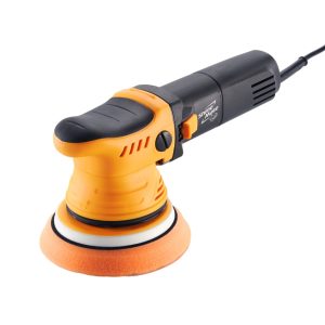 Dual action corded polisher in black and orange colours with orange foam pad.