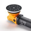 Close up of the head of a dual action orange and black polisher with a sanding interface pad stuck on.