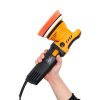 Dual action corded polisher in black and orange colours with orange foam pad being held by a hand.