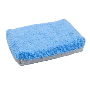 Microfiber rectangular flattish applicator block with one side i light blue and one side grey, used for ceramic coatings and wax.