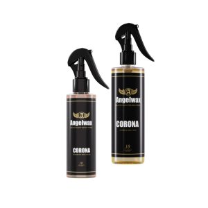 Two transparent bottles containing synthetic spray wax called Corona by Angelwax.