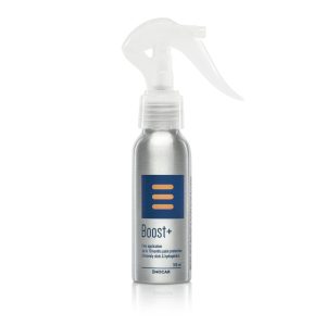 Silver coloured bottle with spray nozzle, called Boost+