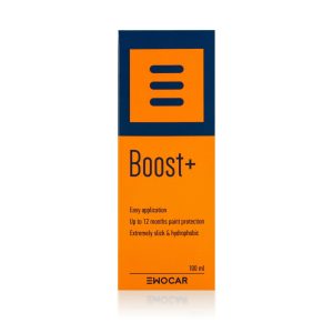 Blue and orange carton box standing upright containing Boost Plus ceramic coating.