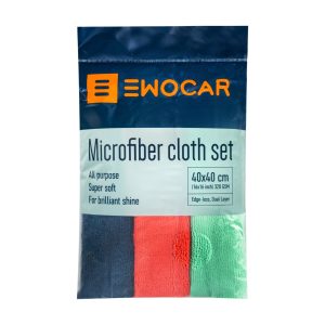 Set of three rolled up microfiber cloths in blue, red and mint colour, in one plastic package.