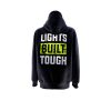 Black hoodie showing from back side with Unilite motto 'Lights Built Tough' imprinted.