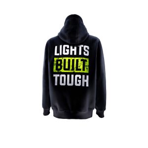 Black hoodie showing from back side with Unilite motto 'Lights Built Tough' imprinted.