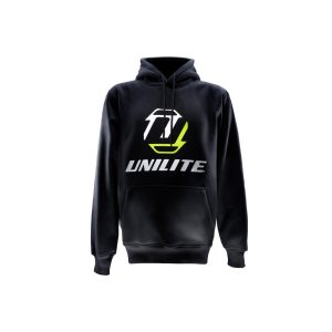 Black hoodie showing from front side with Unilite logo imprinted.