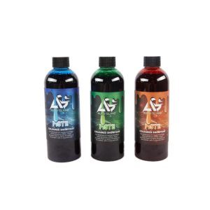 Transparent bottles containing Piste Coloured Snowfoam in blue, green and orange colour by brand Auto Glanz.