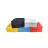 Five stacks of folded microfiber cloths in black, white, yellow, light blue and red.