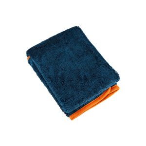 Blue microfiber folded towel with orange edging.