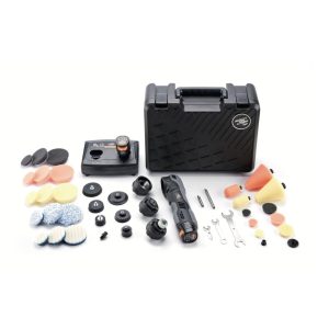 Cordless black and grey mini polisher with the matching kit, including batteries and charger and carry case.