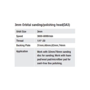 Information regarding the 3mm random orbital sanding and polishing workhead DA3 for the EB210 ShineMate polisher.